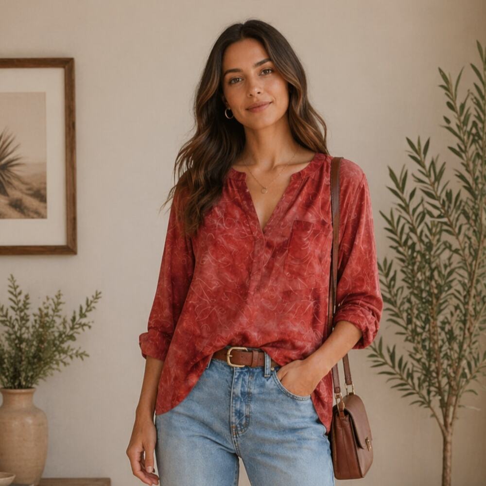 Sami & Jo Blouse Tie Dye Top Women's Size XL All Over Embroidered Roll Up Sleeve